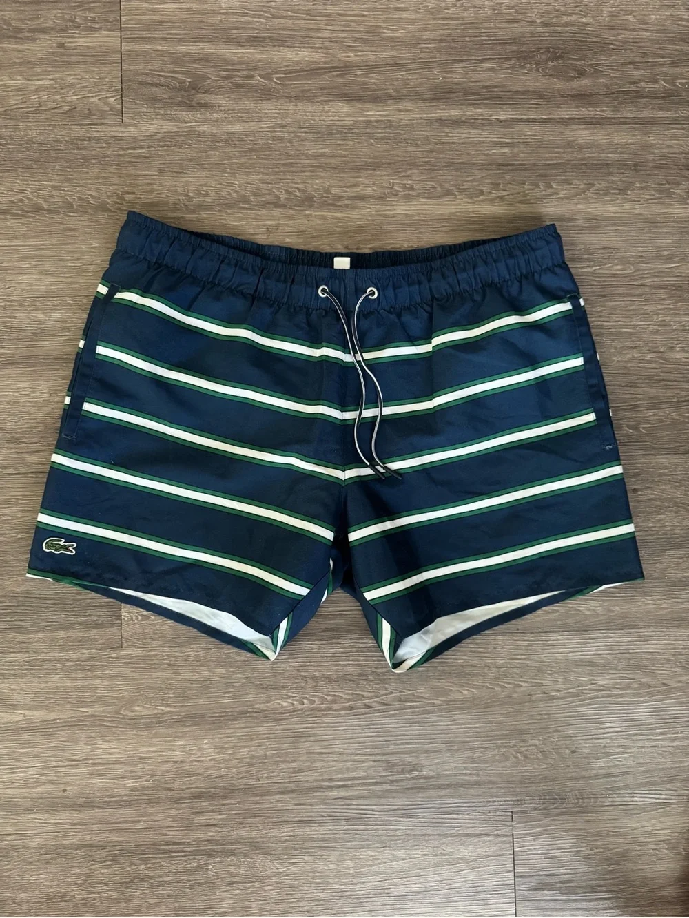Lacoste Men's Navy Swim Trunks with Green and White Stripes